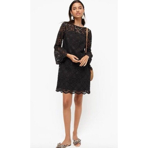 NWT J. Crew Bell-Sleeve Black Embroidered Eyelet Shift Dress Mini-0 Petite - Picture 1 of 16